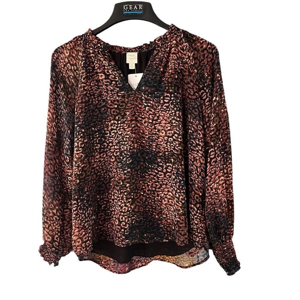 Evereve Roan Ryan Emillia Chiffon Blouse Size XS Mahogany Leopard NWT
